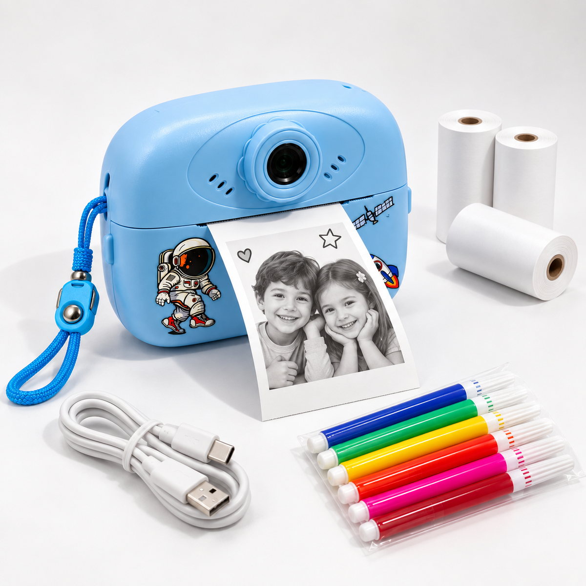 Kids Digital Camera 48MP HD Print Camera | Instant Thermal Printer for Kids | Dual Lens | Photo & Video | 2.4" Screen | 6 Color Pens | Printing Paper | USB Rechargeable (Blue)