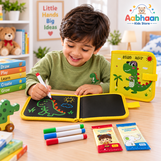 ArtYo Erasable Doodle Book for Magic Drawing Sketching Dinosaur Design Reusable Coloring & Learning Sketch Pad with Chalk Markers & Wet Wipes Travel Activity Toy for Return Gifts