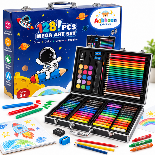 Design Studio128 Pcs Space Theme Drawing and Painting Kit Toy for Kids - Complete Art Set with Watercolors, Oil Pastels, Crayons, Colored Pencils and More - Portable School Stationery Set