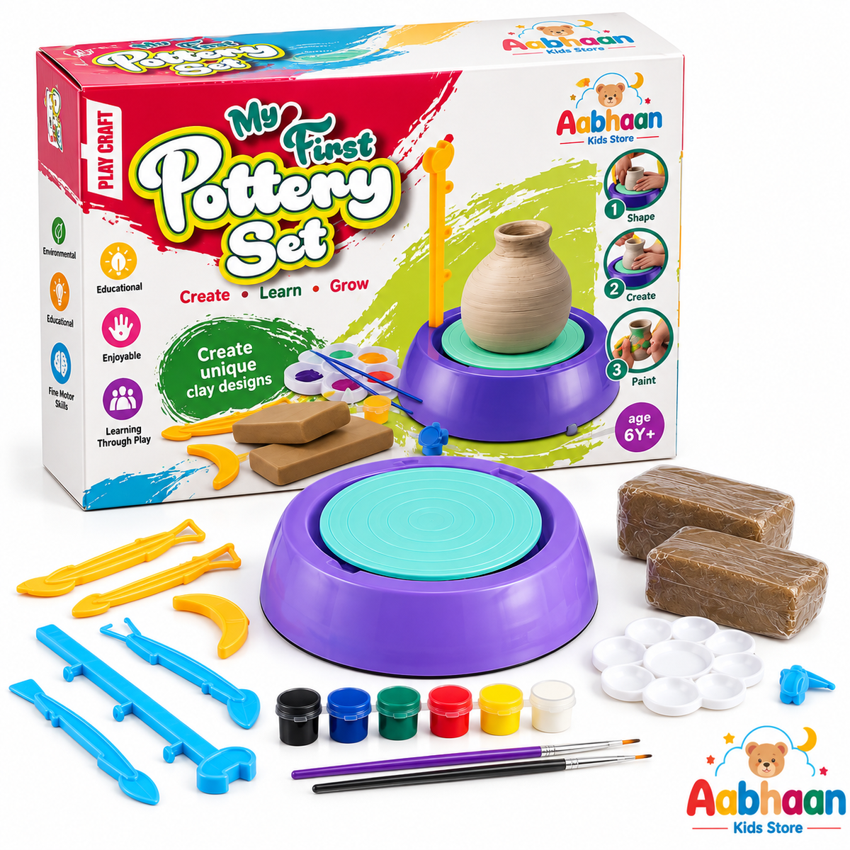 Play Craft My First Clay Pottery Set DIY Kit for Kids – All-in-One Battery-Operated Pottery Wheel with 800g Clay, Tools, Paints & Brushes, Premium Craft Kit (Ages 5+)