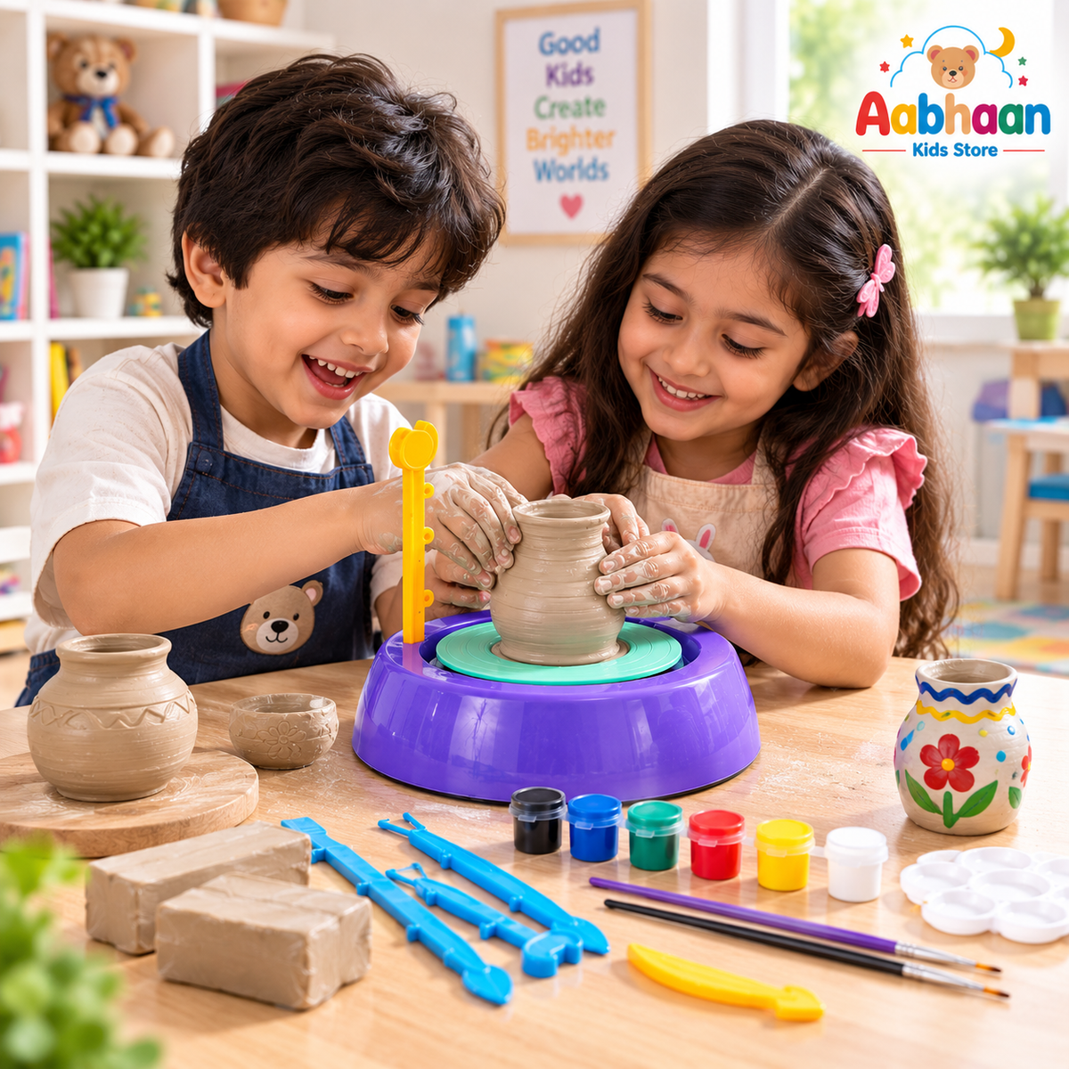 Play Craft My First Clay Pottery Set DIY Kit for Kids – All-in-One Battery-Operated Pottery Wheel with 800g Clay, Tools, Paints & Brushes, Premium Craft Kit (Ages 5+)