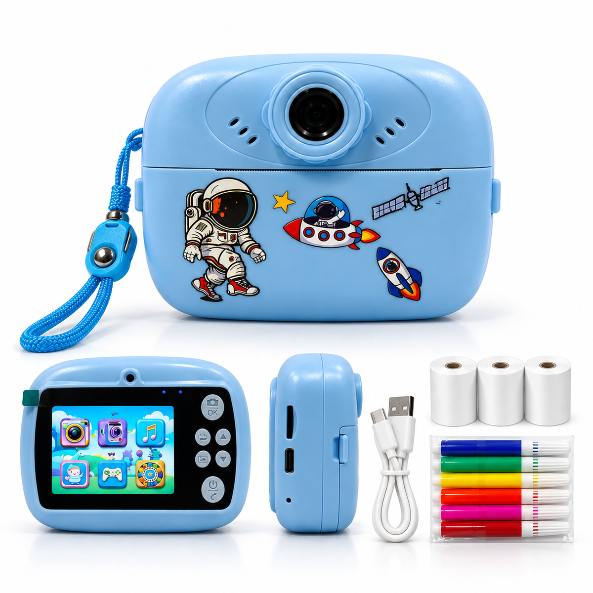 Kids Digital Camera 48MP HD Print Camera | Instant Thermal Printer for Kids | Dual Lens | Photo & Video | 2.4" Screen | 6 Color Pens | Printing Paper | USB Rechargeable (Blue)